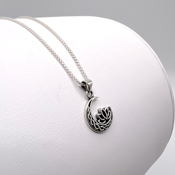 .925 Sterling Silver Moon and Lotus Flower Necklace - Picture 7 of 16